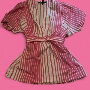 BCBGMaxAzria Beachy Pink and White Striped V-Neck babydoll top